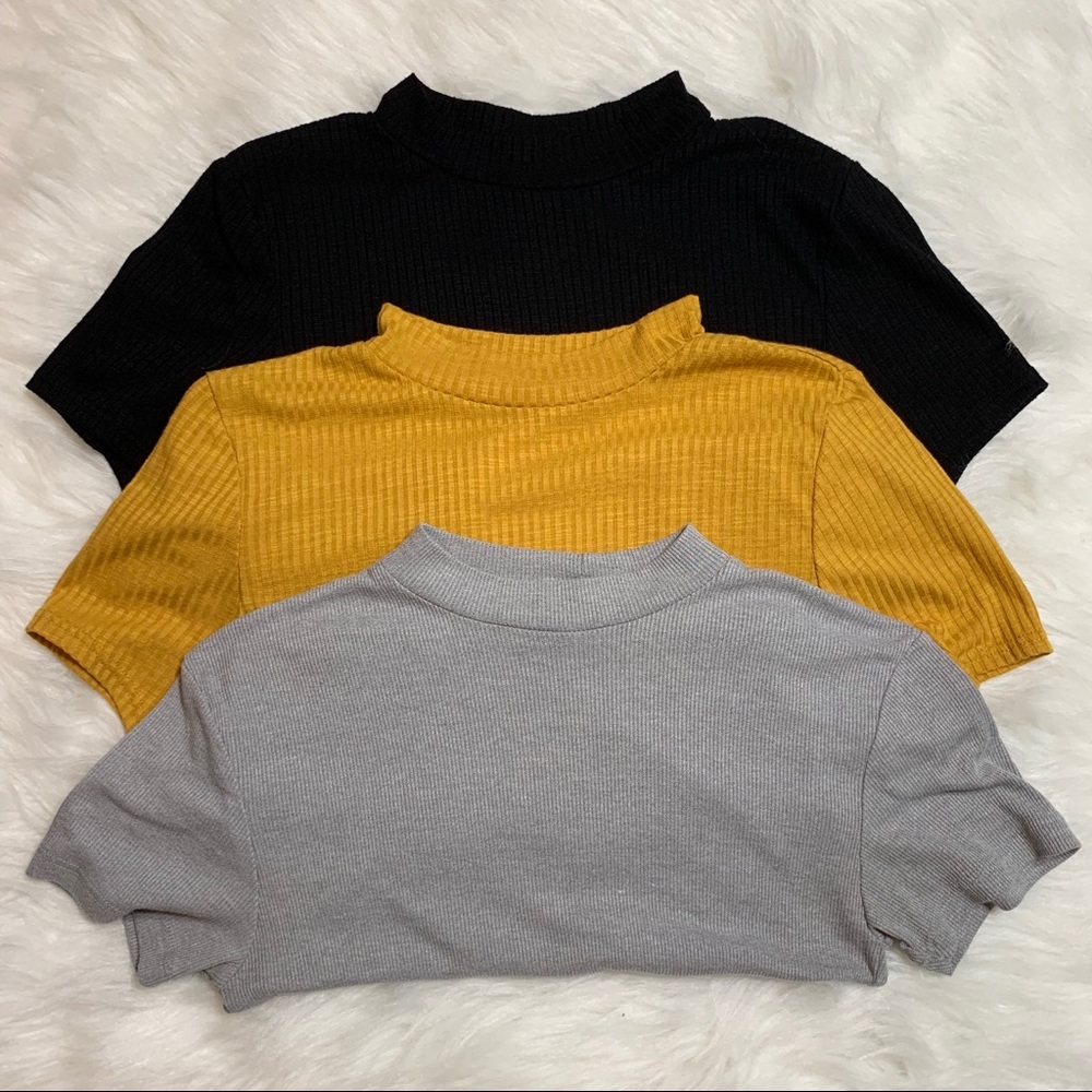 Three mock neck shirts black mustard & grey